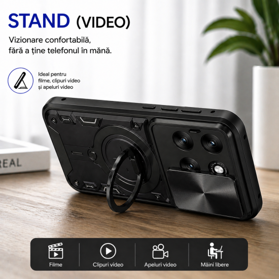 Husa Compatibila cu Motorola Edge 70 Fusion, Antisoc, Inel Rotativ 360, Stand, Protectie Camera, Negru, ALC MOBILE