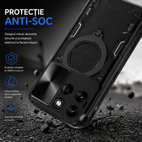 Husa Compatibila cu Motorola Edge 70 Fusion, Antisoc, Inel Rotativ 360, Stand, Protectie Camera, Negru, ALC MOBILE