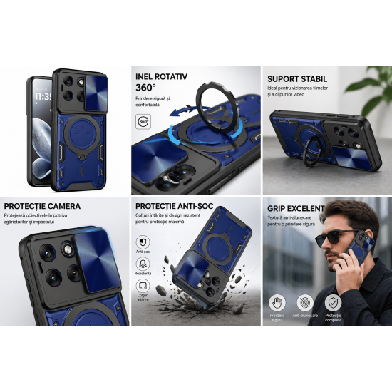 Husa Compatibila cu Motorola Edge 70 Fusion, Antisoc, Inel Rotativ 360, Stand, Protectie Camera, Albastru, ALC MOBILE