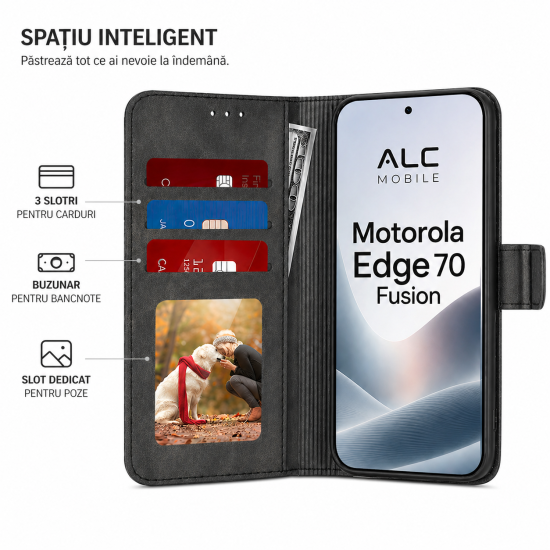 Husa pentru Motorola Edge 70 Fusion Tip Carte Flip, Portofel, Stand Video, Inchidere Magnetica, Protectie 360, Piele Ecologica, Negru