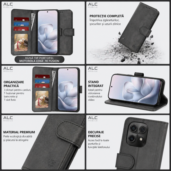 Husa pentru Motorola Edge 70 Fusion Tip Carte Flip, Portofel, Stand Video, Inchidere Magnetica, Protectie 360, Piele Ecologica, Negru