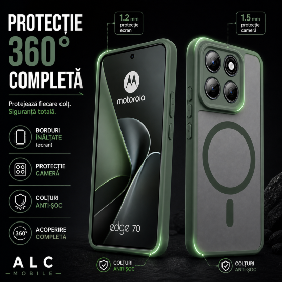 Husa pentru Motorola Edge 70, Matte MagSafe, Protectie 360, Anti-Soc, Protectie Camera, Verde