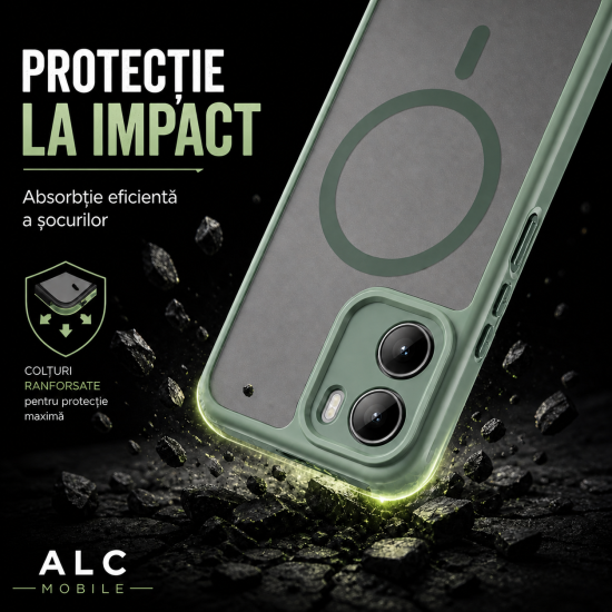 Husa pentru Motorola G06, Matte MagSafe, Protectie 360, Anti-Soc, Protectie Camera, Verde
