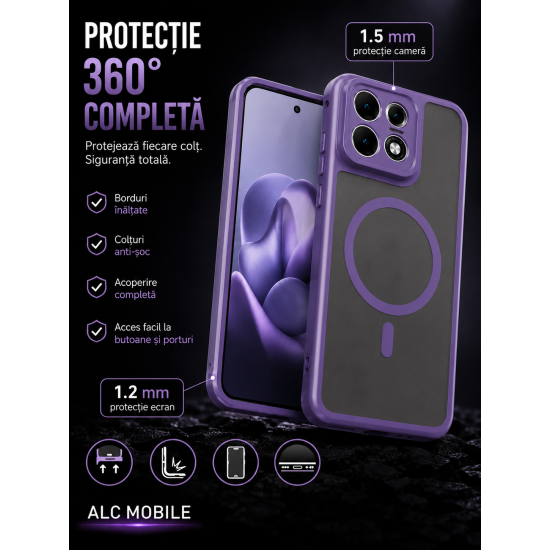 Husa pentru OPPO Reno 16 F, Matte, compatibila cu MagSafe, Protectie 360, Anti-Soc, Mov