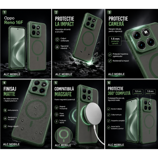 Husa pentru OPPO Reno 16 F, Matte, compatibila cu MagSafe, Protectie 360, Anti-Soc, Verde