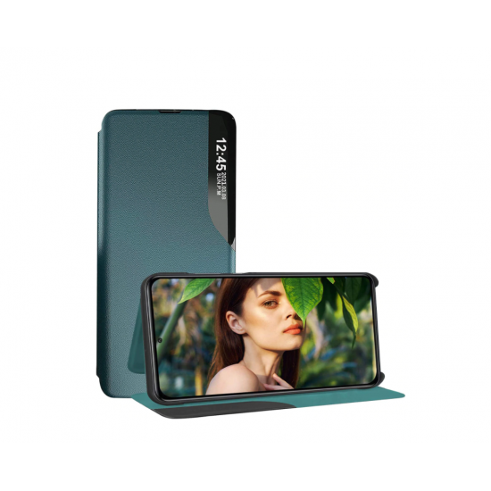 Husa Flip din Piele compatibila cu Samsung Galaxy A52 S-View, Smart Stand, Dark Green