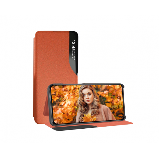 Husa Flip din Piele compatibila cu Samsung Galaxy A02s S-View, Smart Stand, Orange