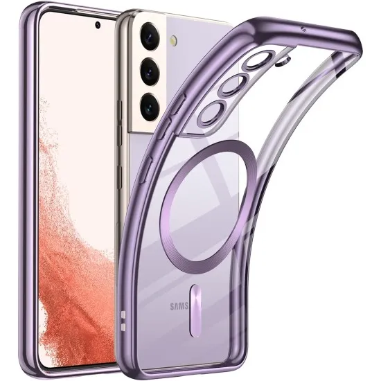 Husa pentru Samsung Galaxy S23 de 6,1 inci, ALC MOBILE, Husa pentru telefon mobil cu protectie pentru camera, compatibila cu husa de protectie MagSafe, husa transparenta, care nu se ingalbeneste, rezistenta la socuri, contur Mov
