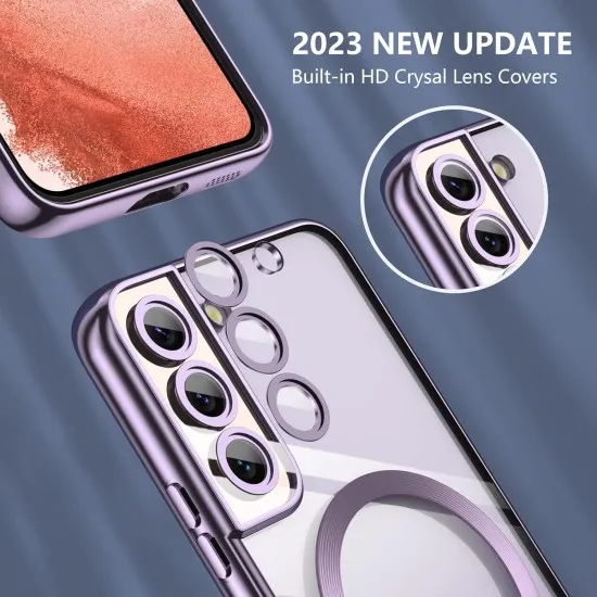 Husa pentru Samsung Galaxy S23 de 6,1 inci, ALC MOBILE, Husa pentru telefon mobil cu protectie pentru camera, compatibila cu husa de protectie MagSafe, husa transparenta, care nu se ingalbeneste, rezistenta la socuri, contur Mov