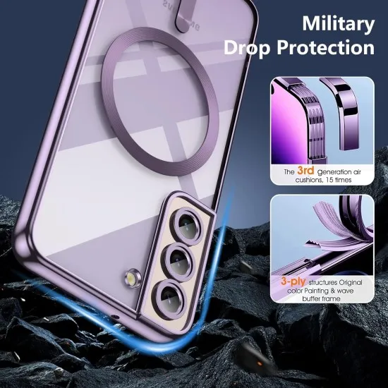 Husa pentru Samsung Galaxy S23 de 6,1 inci, ALC MOBILE, Husa pentru telefon mobil cu protectie pentru camera, compatibila cu husa de protectie MagSafe, husa transparenta, care nu se ingalbeneste, rezistenta la socuri, contur Mov