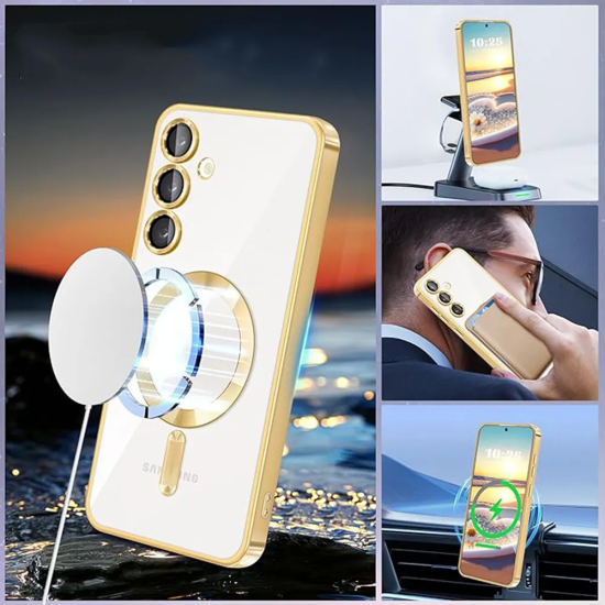 Husa compatibila cu Samsung Galaxy A05s, ALC MOBILE, pentru telefon mobil cu protectie pentru camera, Tehnologie MagSafe, rezistenta la socuri, contur Gold