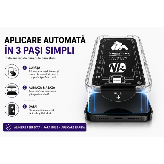 Folie Sticla pentru Samsung Galaxy A56, Full Glue, Aplicare Automata cu Aplicator Inclus, Anti-Zgarieturi, Negru