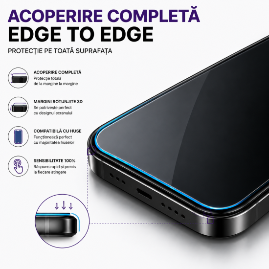 Folie Sticla pentru Samsung Galaxy A56, Full Glue, Aplicare Automata cu Aplicator Inclus, Anti-Zgarieturi, Negru