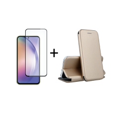 Pachet 2 in 1 – Folie Sticla Margine Neagra + Husa Flip Cover Auriu, Compatibil cu Samsung Galaxy A56