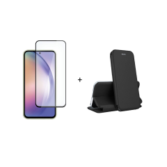 Pachet 2 in 1 – Folie Sticla Margine Neagra + Husa Flip Cover Negru, Compatibil cu Samsung Galaxy A56