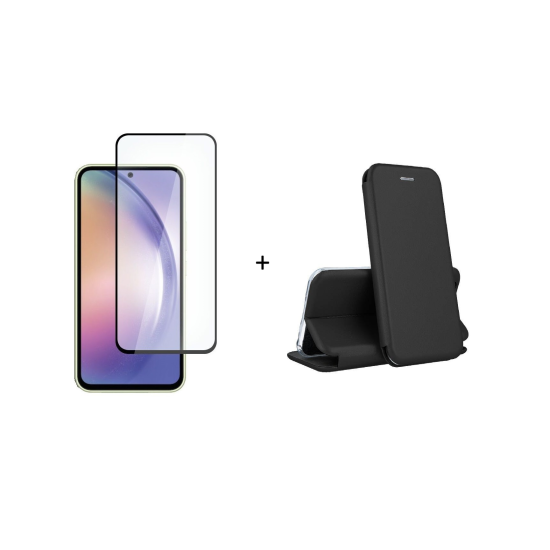 Pachet 2 in 1 – Folie Sticla Margine Neagra + Husa Flip Cover Negru, Compatibil cu Samsung Galaxy A56