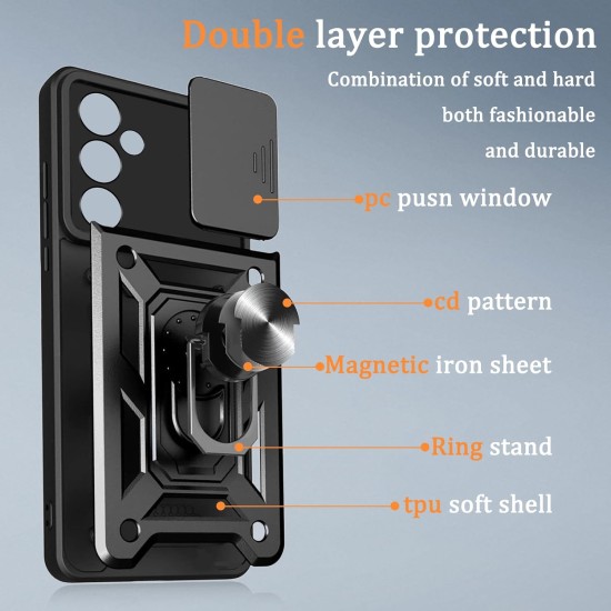 Husa antisoc compatibila cu Samsung Galaxy S26, design Armour, protectie camera cu clapa glisanta, Negru
