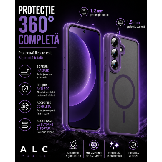 Husa pentru Samsung Galaxy A27, Matte MagSafe, Protectie 360, Anti-Soc, Protectie Camera, Mov