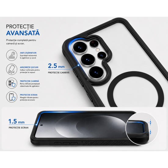 Husa antisoc compatibila cu MagSafe pentru Samsung Galaxy S26 Ultra, cristal, contur negru Husa antisoc compatibila cu MagSafe pentru Samsung Galaxy S26 Ultra, cristal, contur negru