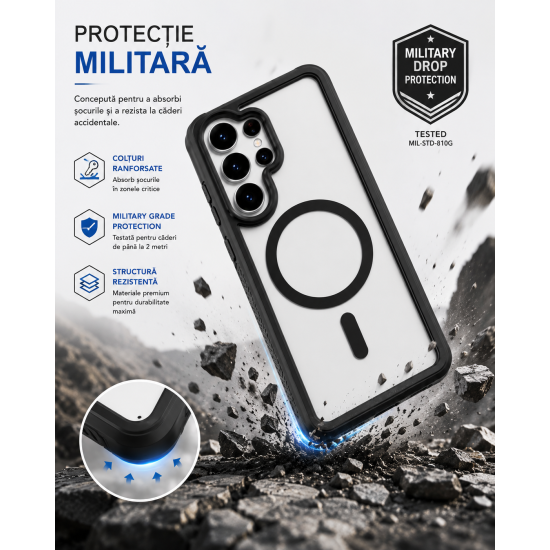 Husa antisoc compatibila cu MagSafe pentru Samsung Galaxy S26 Ultra, cristal, contur negru Husa antisoc compatibila cu MagSafe pentru Samsung Galaxy S26 Ultra, cristal, contur negru