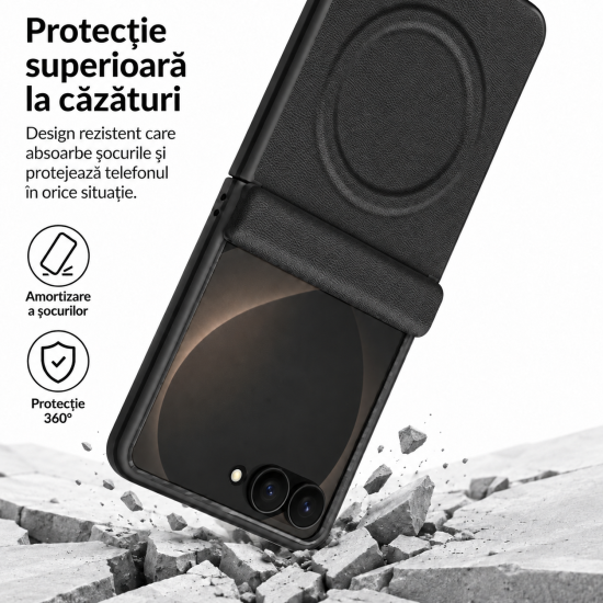 Husa pentru Samsung Galaxy Z Flip8, Magnetica, Textura Piele Ecologica, Negru