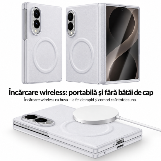 Husa pentru Samsung Galaxy Z Fold 8, Magnetica, Textura Piele Ecologica, Gri