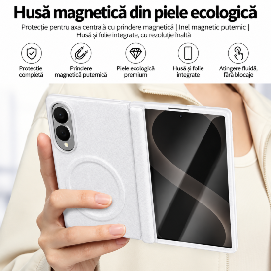 Husa pentru Samsung Galaxy Z Fold 8, Magnetica, Textura Piele Ecologica, Gri
