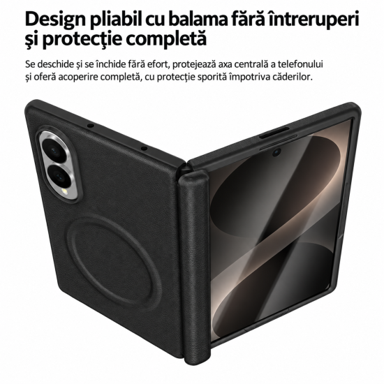 Husa pentru Samsung Galaxy Z Fold 8, Magnetica, Textura Piele Ecologica, Negru