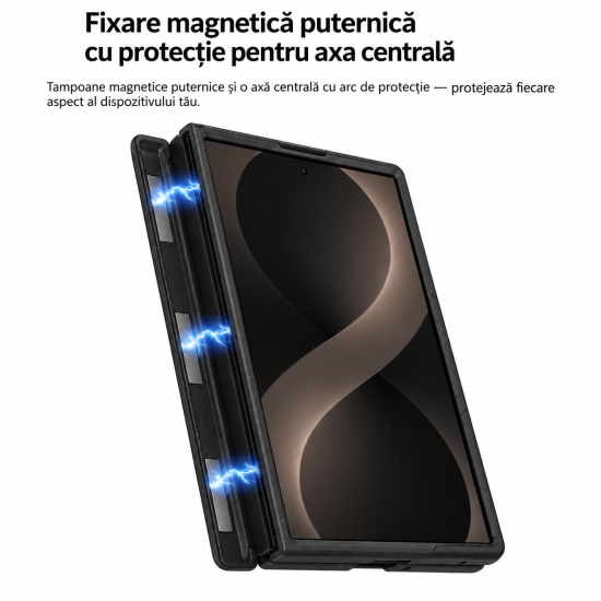 Husa pentru Samsung Galaxy Z Fold 8, Magnetica, Textura Piele Ecologica, Negru