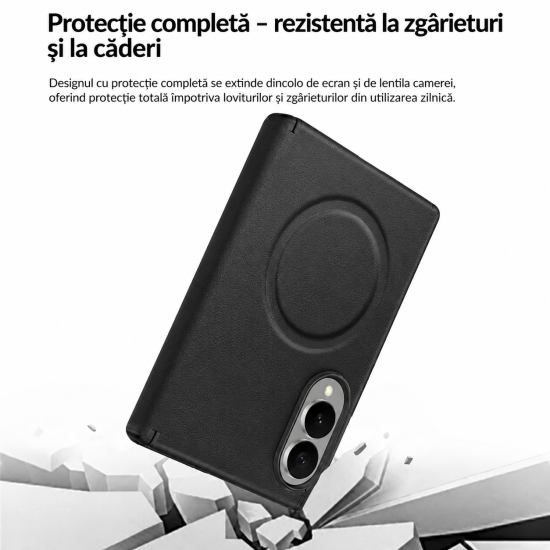 Husa pentru Samsung Galaxy Z Fold 8, Magnetica, Textura Piele Ecologica, Negru