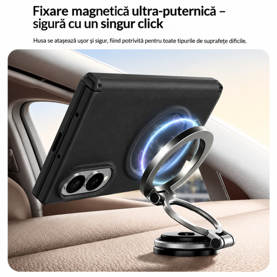 Husa pentru Samsung Galaxy Z Fold 8, Magnetica, Textura Piele Ecologica, Negru
