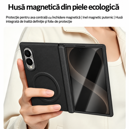Husa pentru Samsung Galaxy Z Fold 8, Magnetica, Textura Piele Ecologica, Negru