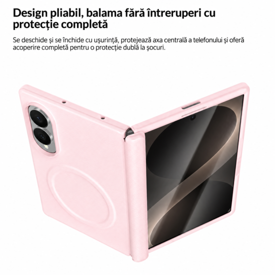 Husa pentru Samsung Galaxy Z Fold 8, Magnetica, Textura Piele Ecologica, Roz