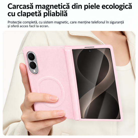 Husa pentru Samsung Galaxy Z Fold 8, Magnetica, Textura Piele Ecologica, Roz
