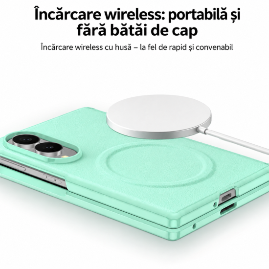 Husa pentru Samsung Galaxy Z Fold 8, Magnetica, Textura Piele Ecologica, Turcoaz