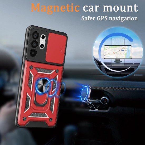 Husa antisoc compatibila cu Samsung Galaxy S26 Ultra, design Armour, protectie camera cu clapa glisanta, Rosu