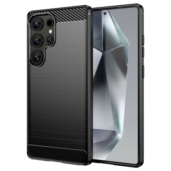 Husa compatibila cu Samsung Galaxy S25 Ultra, TPU Slim, Protectie Anti Soc, Aspect Fibra de Carbon, Negru