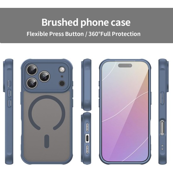 Husa Matte MagSafe pentru IPhone 17 Pro, protectie completa, contur albastru Husa Matte MagSafe pentru IPhone 17 Pro, protectie completa, contur albastru