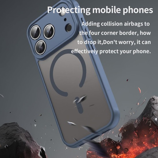 Husa Matte MagSafe pentru IPhone 17 Pro, protectie completa, contur albastru Husa Matte MagSafe pentru IPhone 17 Pro, protectie completa, contur albastru