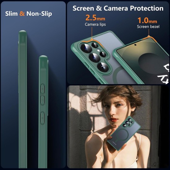 Husa Matte MagSafe pentru Samsung Galaxy S25 Ultra 5G, protectie completa, contur verde
