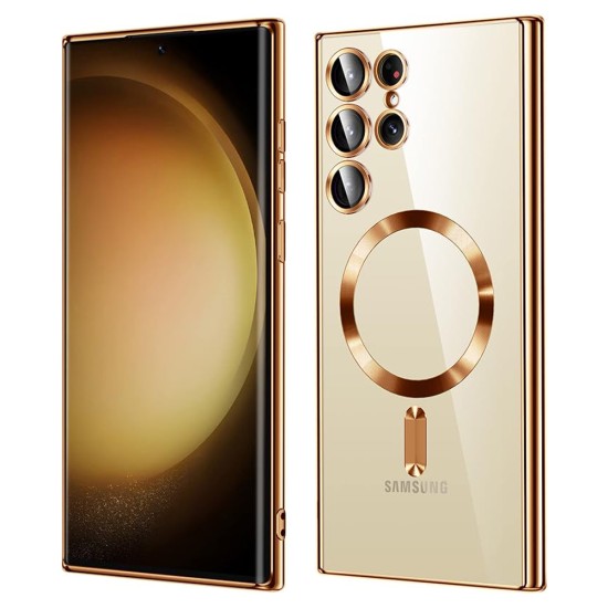 Husa compatibila cu Samsung Galaxy S24 Ultra, ALC MOBILE, pentru telefon mobil cu protectie pentru camera, Tehnologie MagSafe, rezistenta la socuri, contur Gold