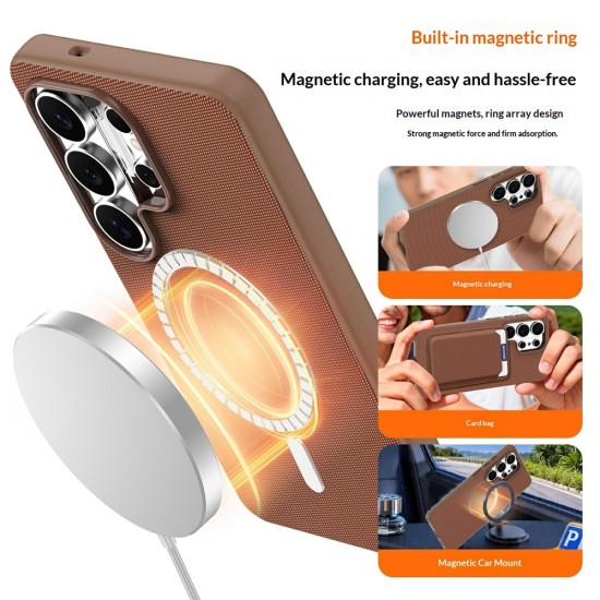 Husa compatibila cu Samsung Galaxy S26 Ultra, MagSafe, Design Woven, Soft Touch, Antisoc, Maro